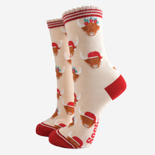 Load image into Gallery viewer, Women&#39;s Bamboo Socks - Cream/Red, Christmas Highland Cow: UK 3-7 | EU 36-40 | US 5-9