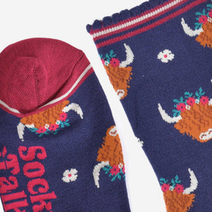 Women's Bamboo Socks - Navy/Burgundy, Winter Highland Cow: UK 3-7 | EU 36-40 | US 5-9