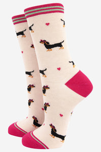 Women's Sausage Dog Love Heart Glasses Bamboo Socks: UK 3-7 | EU 36-40