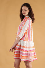 Load image into Gallery viewer, Striped Aztec Print Tiered Boho Mini Dress in Pink &amp; Orange