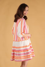 Load image into Gallery viewer, Striped Aztec Print Tiered Boho Mini Dress in Pink &amp; Orange