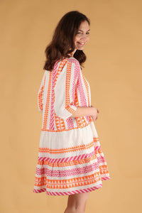 Striped Aztec Print Tiered Boho Mini Dress in Pink & Orange