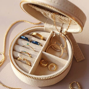 Sun and Moon Embroidered Round Jewellery Case in Beige