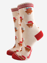 Load image into Gallery viewer, Women&#39;s Bamboo Socks - Cream/Red, Christmas Highland Cow: UK 3-7 | EU 36-40 | US 5-9