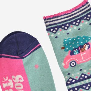 Women's Bamboo Socks - Green/Pink, Christmas Hedgehog Car: UK 3-7 | EU 36-40 | US 5-9