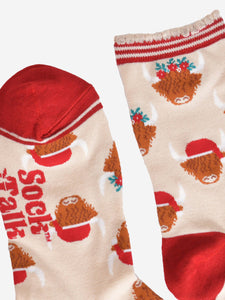 Women's Bamboo Socks - Cream/Red, Christmas Highland Cow: UK 3-7 | EU 36-40 | US 5-9