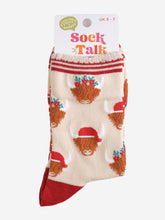 Load image into Gallery viewer, Women&#39;s Bamboo Socks - Cream/Red, Christmas Highland Cow: UK 3-7 | EU 36-40 | US 5-9