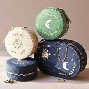 Sun and Moon Embroidered Round Jewellery Case in Beige