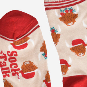 Women's Bamboo Socks - Cream/Red, Christmas Highland Cow: UK 3-7 | EU 36-40 | US 5-9