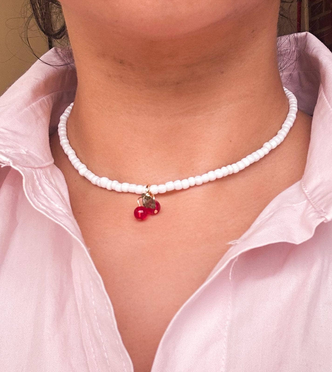 Cherry Pendant Pearl Necklace: 16inches