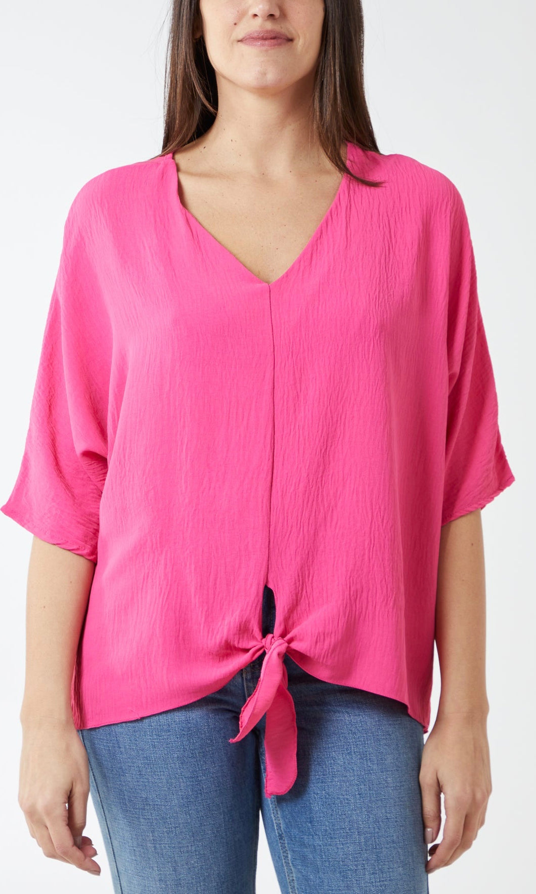 Bright Pink V-Neck Tie Hem Top