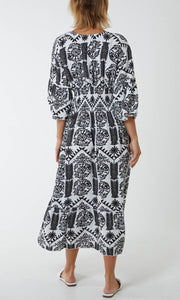 Black Patterned Shirred Midi Dress