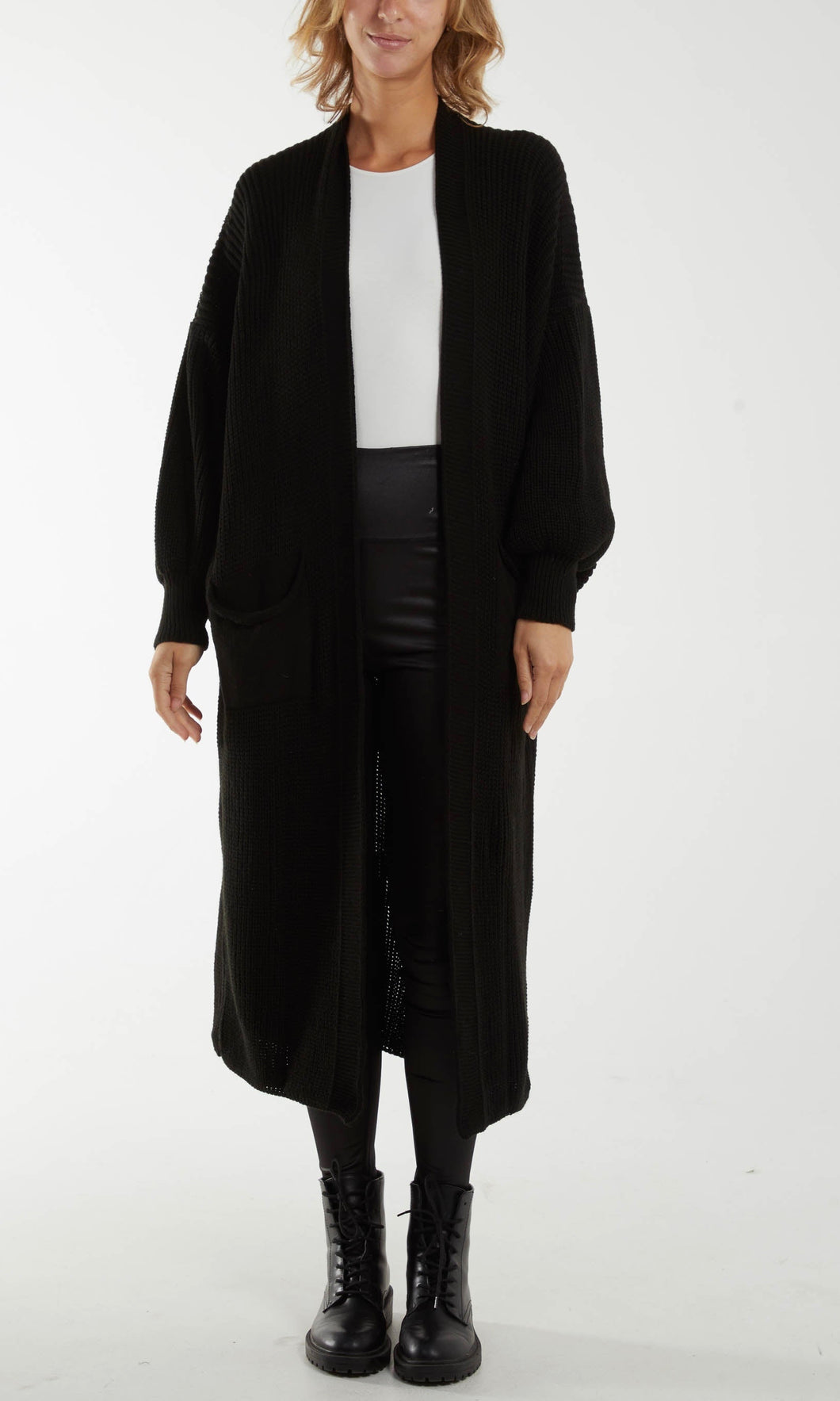 BLACK CHUNKY KNIT LONGLINE CARDIGAN