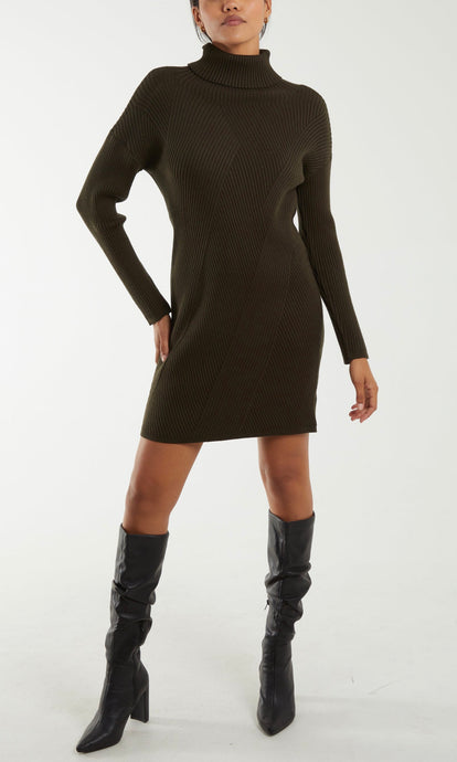 KHAKI THICK RIBBED KNIT ROLL NECK JUMPER MINI DRESS