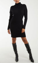 Load image into Gallery viewer, BLACK THICK RIBBED KNIT ROLL NECK JUMPER MINI DRESS