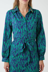 Green and Blue Abstract Zebra Print Midi Shirt Dress